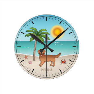 Red Golden Retriever At A Tropical Summer Beach Round Clock
