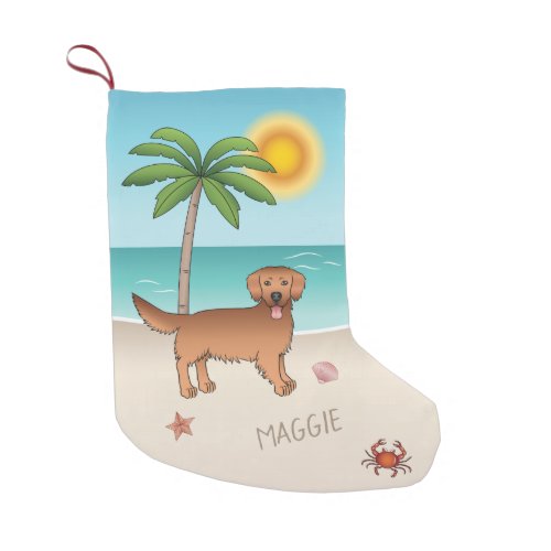 Red Golden Retriever At A Tropical Summer Beach Small Christmas Stocking