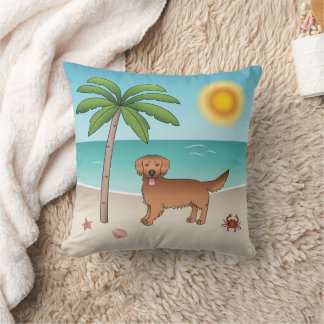 Red Golden Retriever At A Tropical Summer Beach Throw Pillow