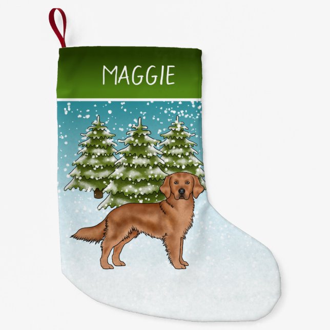 Red Golden Retriever Blue Christmas Custom Name Small Christmas Stocking (Front)