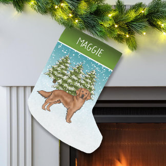 Red Golden Retriever Blue Christmas Custom Name Small Christmas Stocking