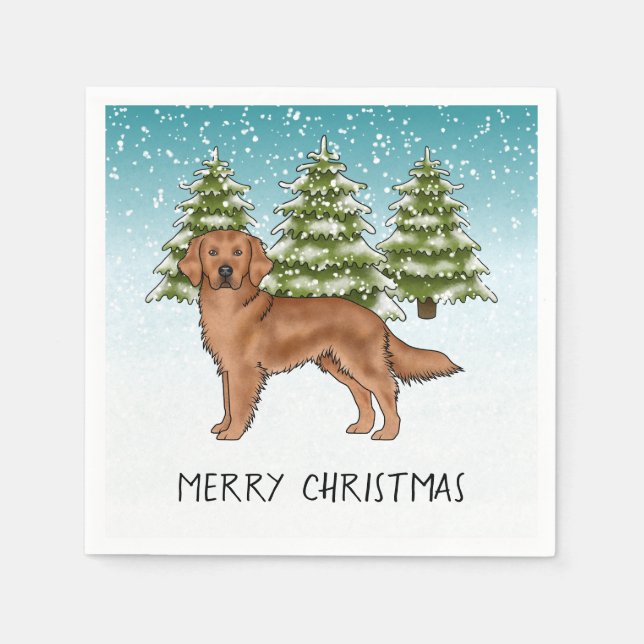 Red Golden Retriever Blue Winter Christmas Napkins (Front)