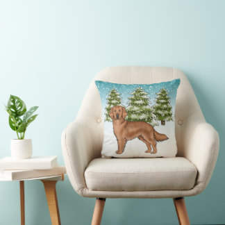 Red Golden Retriever Blue Winter Christmas Throw Pillow