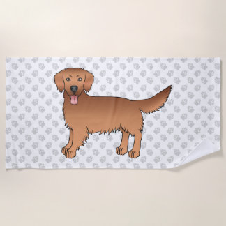 Red Golden Retriever Cartoon Dog And A Paw Pattern Beach Towel