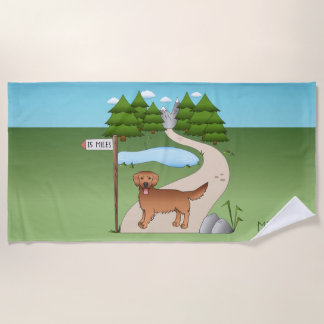 Red Golden Retriever Cartoon Dog By A Hiking Trail Beach Towel