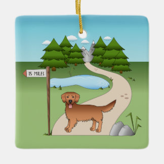 Red Golden Retriever Cartoon Dog By A Hiking Trail Ceramic Ornament