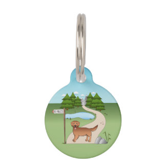 Red Golden Retriever Cartoon Dog By A Hiking Trail Pet ID Tag