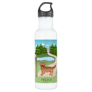 Red Golden Retriever Cartoon Dog By A Hiking Trail Stainless Steel Water Bottle