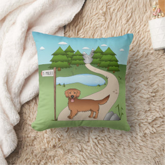 Red Golden Retriever Cartoon Dog By A Hiking Trail Throw Pillow
