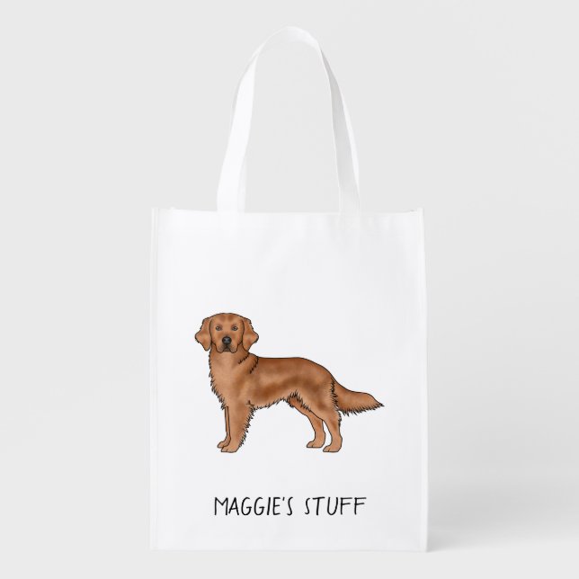 Red Golden Retriever Cartoon Dog Custom Text Grocery Bag (Front)