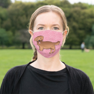 Red Golden Retriever Cartoon Dog On Pink Hearts Adult Cloth Face Mask