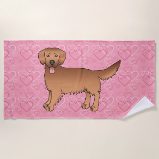 Red Golden Retriever Cartoon Dog On Pink Hearts Beach Towel