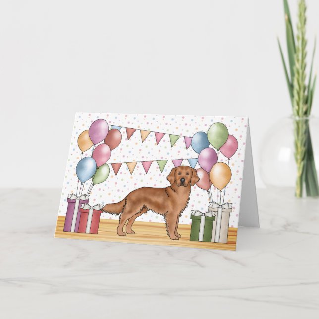 Red Golden Retriever Colorful Pastel Birthday Card (Front)