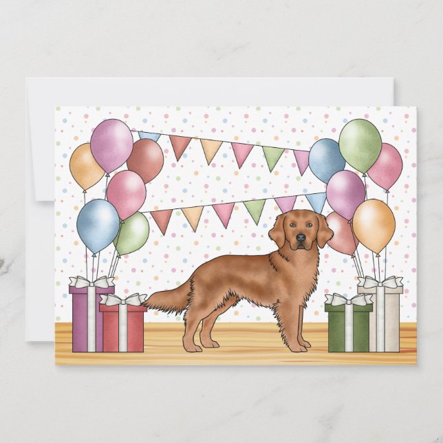 Red Golden Retriever Colorful Pastel Birthday Invitation (Front)