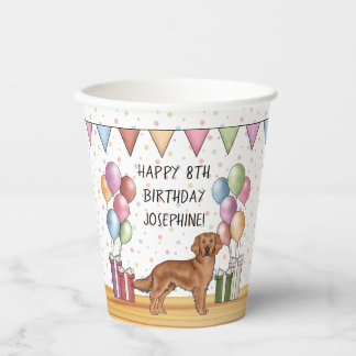 Red Golden Retriever Colorful Pastel Birthday Paper Cups