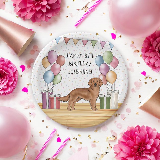 Red Golden Retriever Colorful Pastel Birthday Paper Plates (Creator Uploaded)