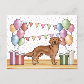 Red Golden Retriever Colorful Pastel Birthday Postcard