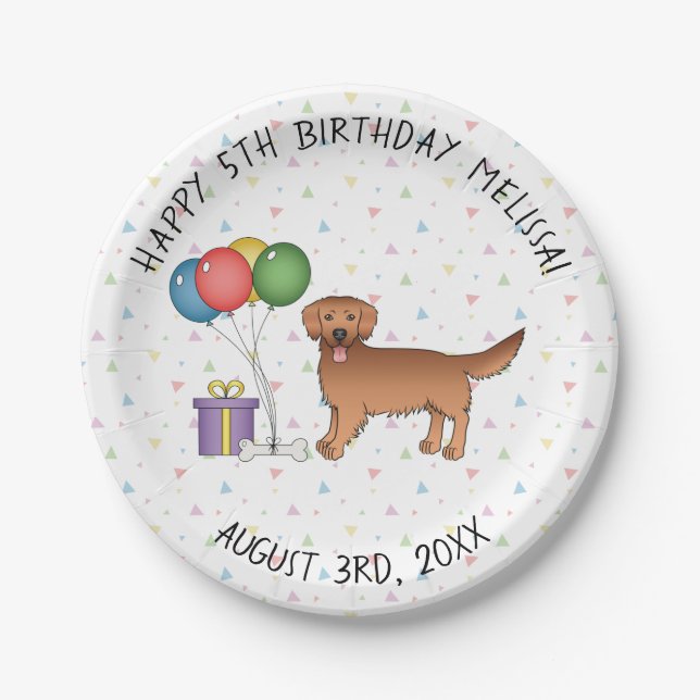 Red Golden Retriever Cute Cartoon Dog - Birthday Paper Plates (Front)