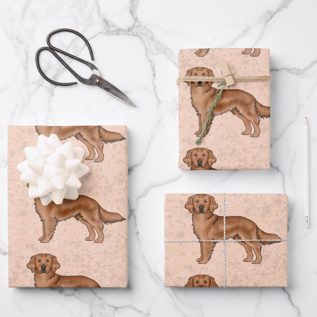 Red Golden Retriever Cute Cartoon Dog Pattern Wrapping Paper Sheets (Front)