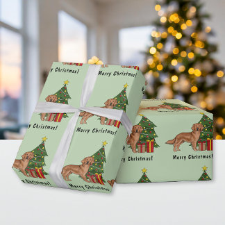 Red Golden Retriever Cute Dog And Christmas Tree Wrapping Paper