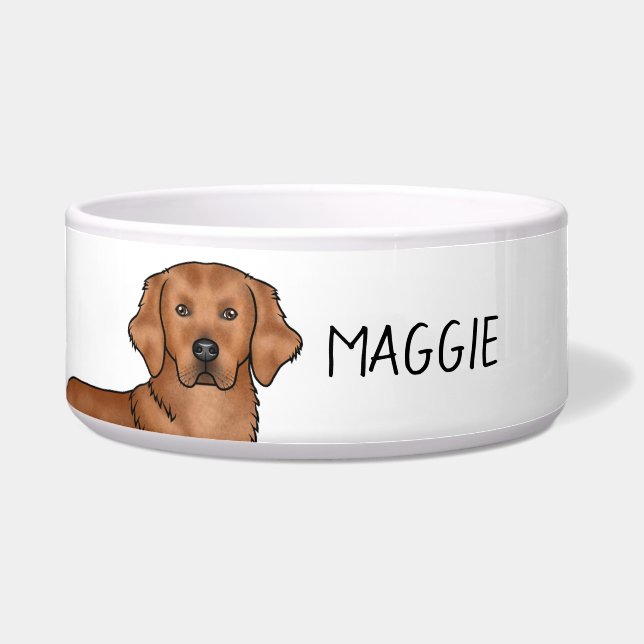 Red Golden Retriever Cute Dog And Custom Name Bowl (Front)