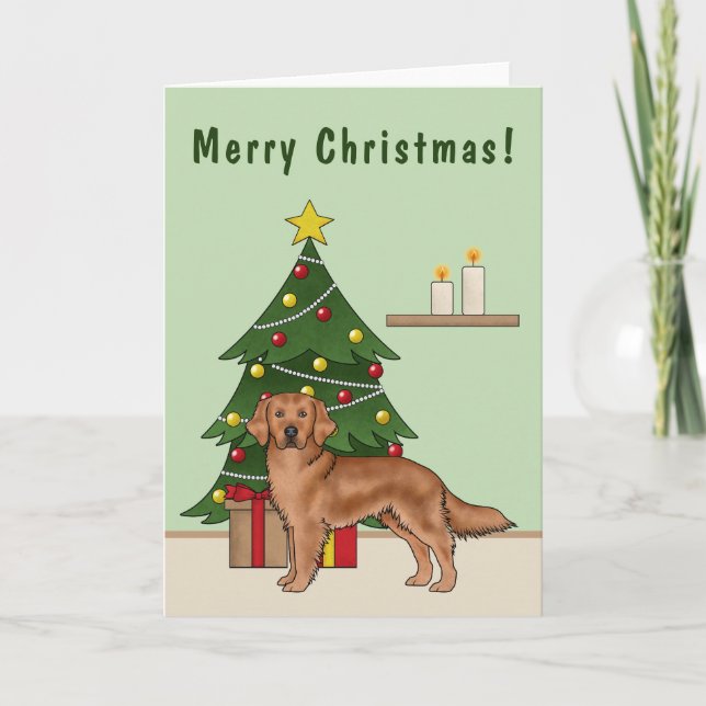 Red Golden Retriever Dog And Green Christmas Tree Card (Front)