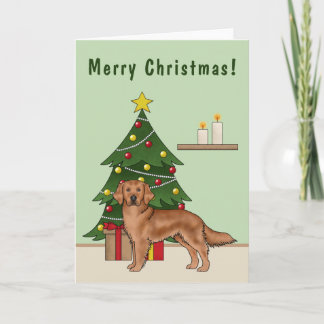 Red Golden Retriever Dog And Green Christmas Tree Card