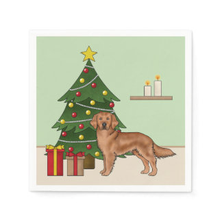 Red Golden Retriever Dog And Green Christmas Tree Napkins