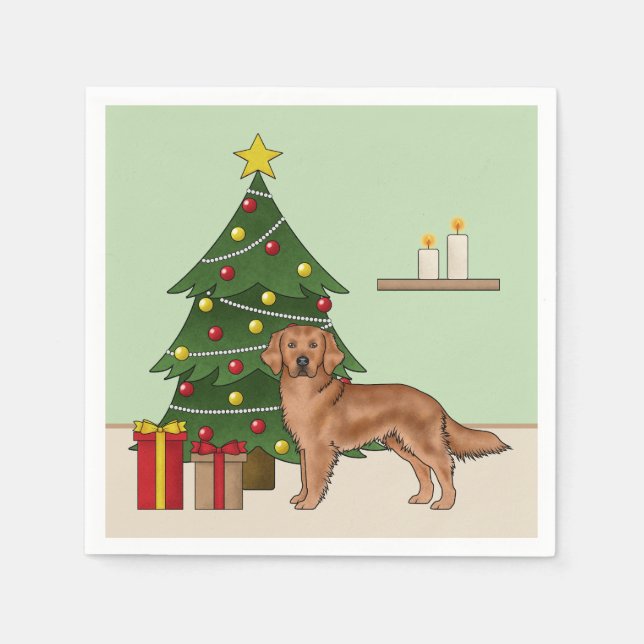 Red Golden Retriever Dog And Green Christmas Tree Napkins (Front)