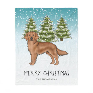 Red Golden Retriever Dog Blue Snowy Christmas Fleece Blanket