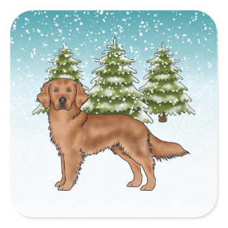 Red Golden Retriever Dog Blue Snowy Christmas Square Sticker