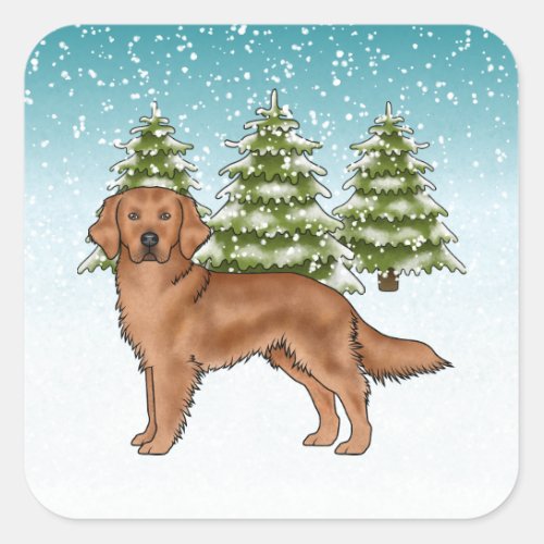 Red Golden Retriever Dog Blue Snowy Christmas Square Sticker