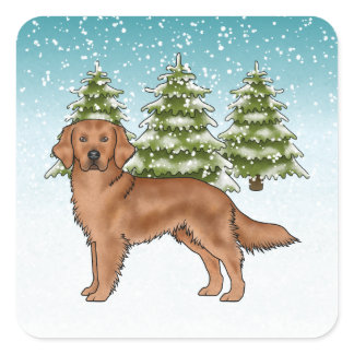 Red Golden Retriever Dog Blue Snowy Christmas Square Sticker