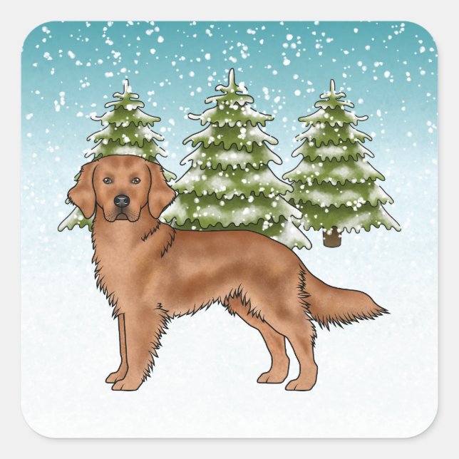 Red Golden Retriever Dog Blue Snowy Christmas Square Sticker (Front)