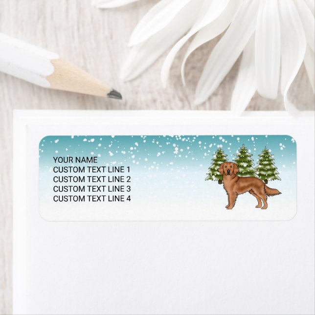 Red Golden Retriever Dog Blue Winter Christmas Label (Insitu)