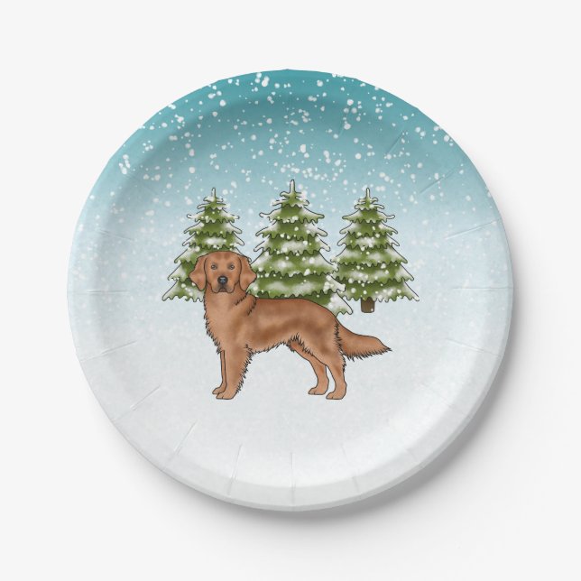 Red Golden Retriever Dog Blue Winter Christmas Paper Plates (Front)