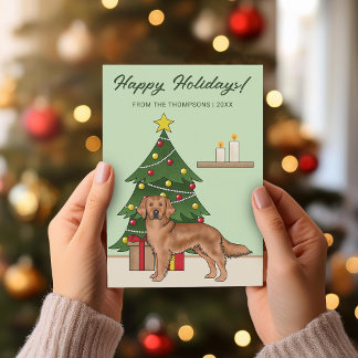 Red Golden Retriever Dog Green Christmas Tree Holiday Card