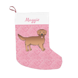 Red Golden Retriever Dog On Pink Hearts And Name Small Christmas Stocking