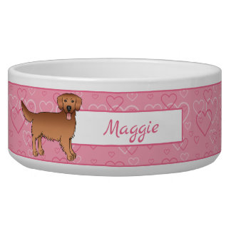 Red Golden Retriever Dog On Pink Hearts &amp; Name Bowl