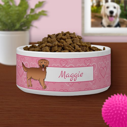 Red Golden Retriever Dog On Pink Hearts  Name Bowl