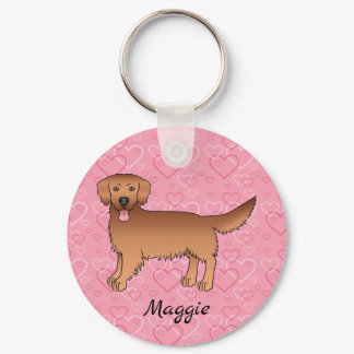 Red Golden Retriever Dog On Pink Hearts &amp; Name Keychain
