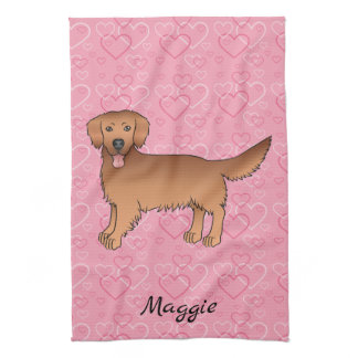 Red Golden Retriever Dog On Pink Hearts &amp; Name Kitchen Towel