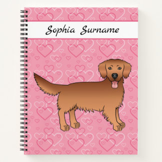 Red Golden Retriever Dog On Pink Hearts &amp; Text Notebook