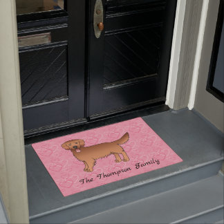 Red Golden Retriever Dog On Pink Hearts With Text Doormat