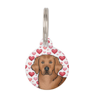 Red Golden Retriever Dog Portrait With Cute Hearts Pet ID Tag