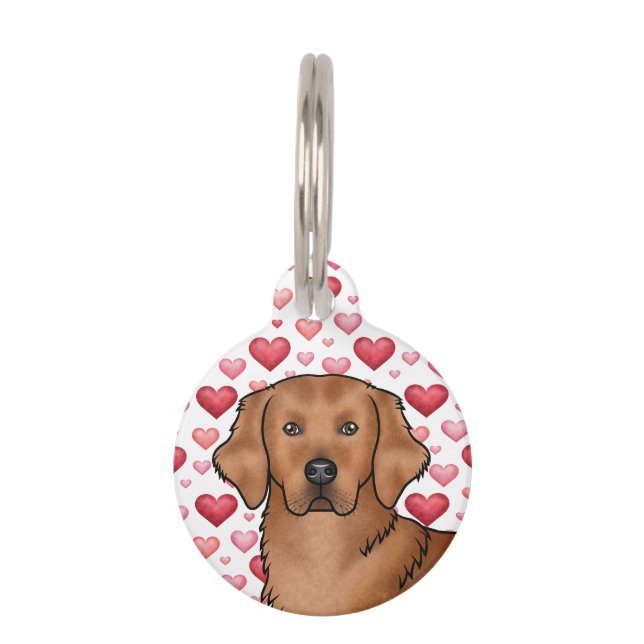 Red Golden Retriever Dog Portrait With Cute Hearts Pet ID Tag (Front)