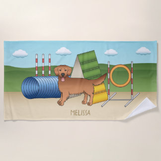 Red Golden Retriever Dog With Agility Equipment Beach Towel