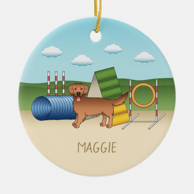 Red Golden Retriever Dog With Agility Equipment Ceramic Ornament (Front)