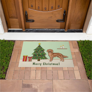 Red Golden Retriever Dog With Christmas Tree Doormat