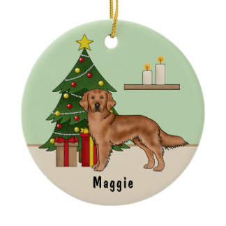 Red Golden Retriever Dog With Christmas Tree Green Ceramic Ornament